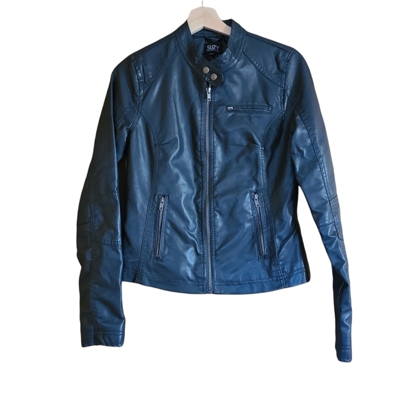 Suzy Shier gray faux leather polyethylene zip-up long-sleeved  moto jacket coat - Picture 1 of 12